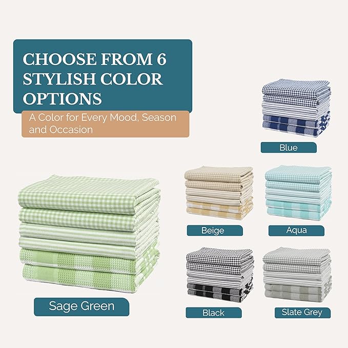 Casa Platino Kitchen Towels Cotton and Kitchen Dish Towels – Soft Cotton Set of 8 with Coordinated Patterns – Inviting Tones for Baking and Everyday Spills – Sage Green