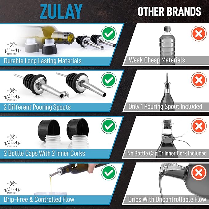Zulay Kitchen (2 pack 17oz Olive Oil Dispenser Bottle For Kitchen - With 2 Spouts, 2 Removable Corks, 2 Caps, & 1 Funnel - Oil Bottle For Kitchen & Storing Liquids