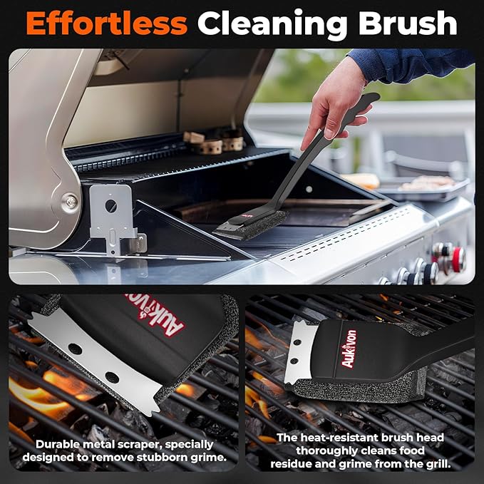 2PCS Upgraded Grill Brush for Outdoor Grill with Water Dunk Basin, Bristle Free, Steel Fiber Grill Brush for Cast Iron/Porcelain/Charcoal/Stainless Steel Grates, Gift for Men/Dad