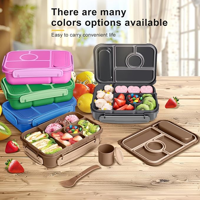 Bento Box Adult Lunch Box Kids,Lunch Containers for Adults/Kids/Toddler,5 Compartments Bento Lunch Box with Sauce Vontainers,Microwave & Dishwasher & Freezer Safe,BPA-Free (Brown)