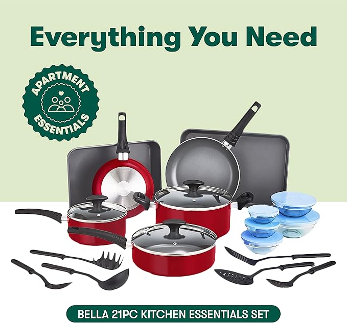 BELLA Cookware Set with Glass Lids - Nonstick, PFOA Free and Scratch Resistant Surface, Aluminum Bakeware, Pots and Pans, Storage Bowls & Utensils, Compatible with All Stovetops, 21 Piece, Red