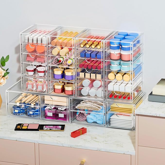 Desk Organizers And Accessories With 22 Drawers, 4 Pack Office Desktop Drawers, Plastic Makeup Organizer Containers Bins With Drawers Desk Organization, Bathroom Organizers Storage Case Box Cube
