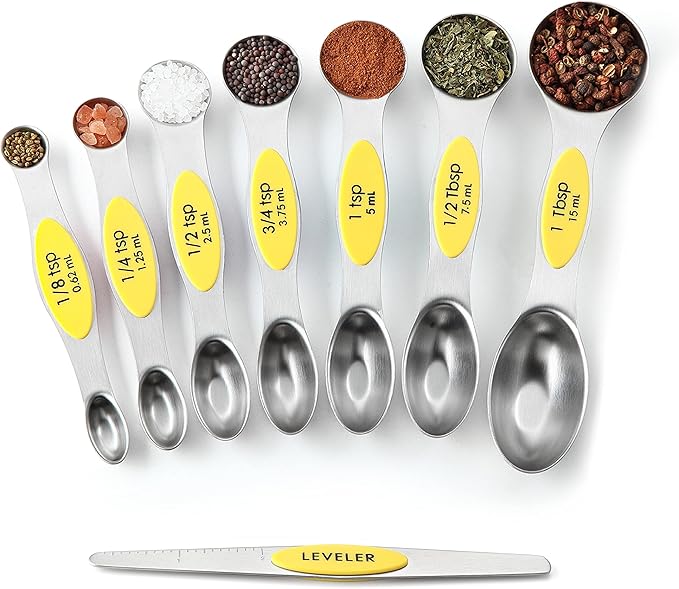 Spring Chef Magnetic Measuring Spoons Set, Dual Sided, Stainless Steel, Fits in Spice Jars, Yellow, Set of 8, 2 Pack