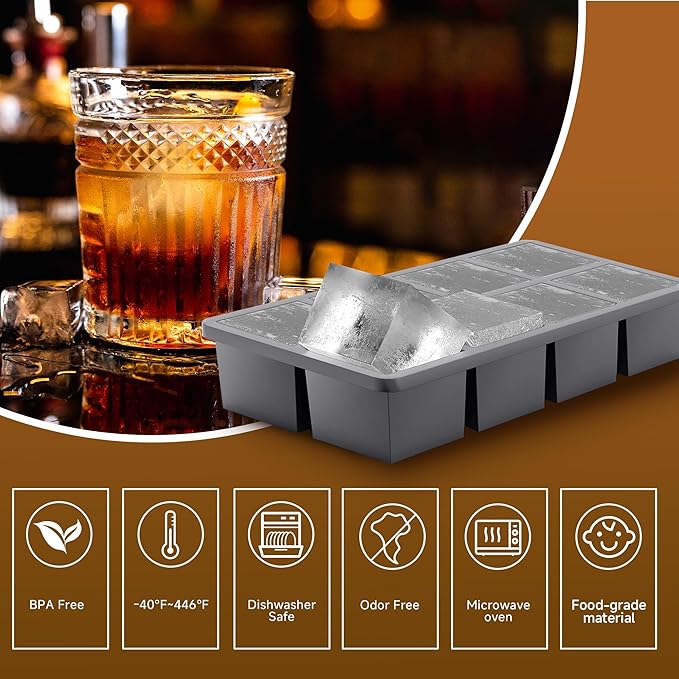 Samuelworld Large Silicone Ice Cube Tray Molds, 2-Pack, Big 2 Inch Cubes - Food Grade, Flexible, 8 Cavity Easy Release Slow Melting Ice for Whiskey, Cocktails, Gifts & Christmas - Grey