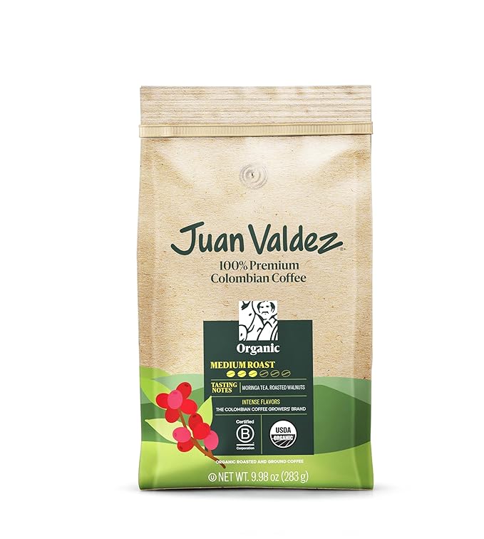 Juan Valdez Organic Ground Coffee - Balanced Roast | 100% Colombian Arabica Beans | 100% Colombian Coffee | Certified USDA Organic | Notes of Moringa Tea & Roasted Nuts | 10 oz / 283 gr