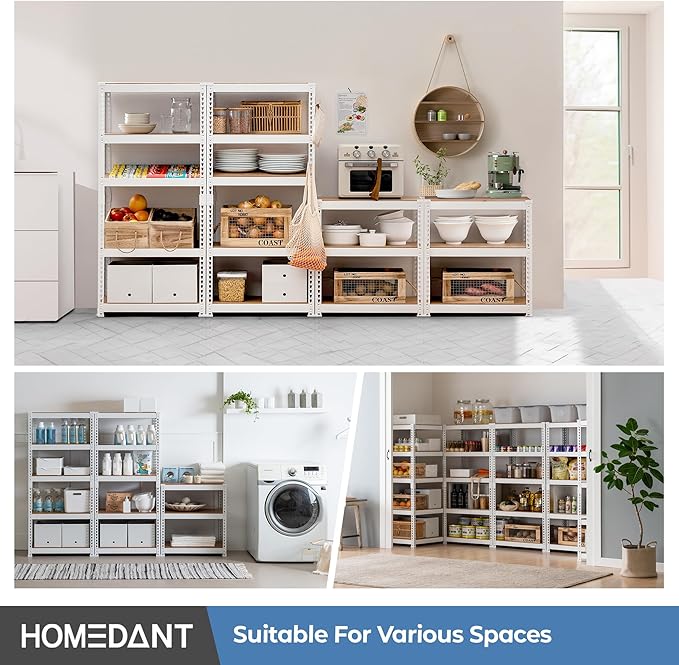 HOMEDANT 5 Tier Laminated White Boltless Metal Shelving Unit Adjustable Garage Storage Utility Rack Heavy Duty Shelves Organization Multipurpose Shelf Warehouse Pantry 28" W x 12.3" D x 59.5" H 2Pack