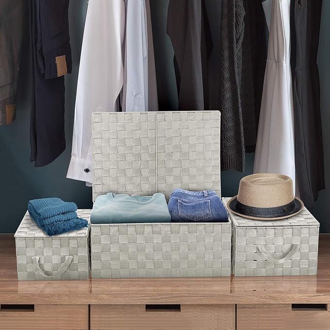 Sorbus Set of 3 Storage Baskets for Organizing with Lid, Mesh Hand-Woven Design, Linen Closet Organizers and Storage, Organizer Storage Baskets for Shelves, Variety Pack Organizers and Storage (Beige)