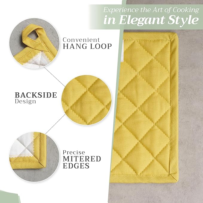 Maison d' Hermine 100% Cotton Oven Mitt & Pot Holder Set (7.5"x13" & 8"x8") Heat Resistant BBQ Cooking Gloves with Loop, Baking, Grilling, Kitchen, Handling Hot Pans Spring/Summer (Limoncello)