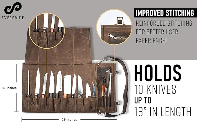EVERPRIDE Waxed Canvas and Leather Chef Knife Roll Bag – Chef Bag Holds 10 Knives up to 15” PLUS Pocket for Cooking Accessories – Durable Knife Case for Professional Chefs – Knives Not Included