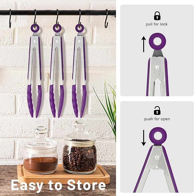 Hotec Mini Silicone Kitchen Tongs for Cooking - 7-Inch Small Serving Tongs with Silicone Tips, Set of 3 (Purple)