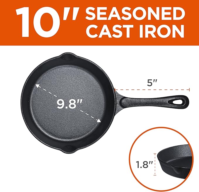 Commercial CHEF 3-Piece Cast Iron Skillet Set – 6 inch, 8 inch, and 10 inch - Pre-seasoned Cast Iron Cookware, Black