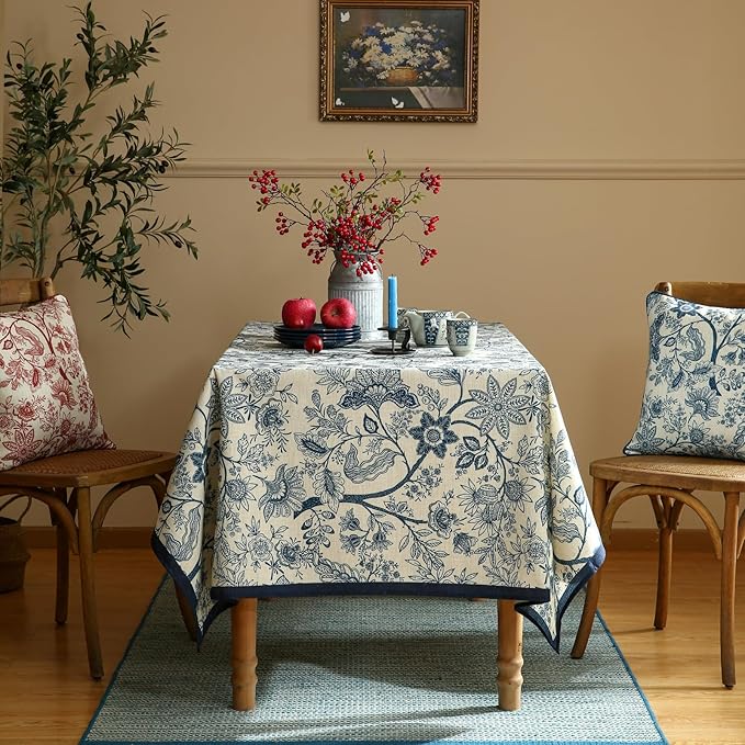 ISAENNE Designer French Linen Small Square Tablecloth,Blue Floral Washable Indoor Table Cloth,Durable Home Decor Tablecloths for Dining Thanksgiving Kitchen Tea Party Christmas,55"*55"-Ruyi B