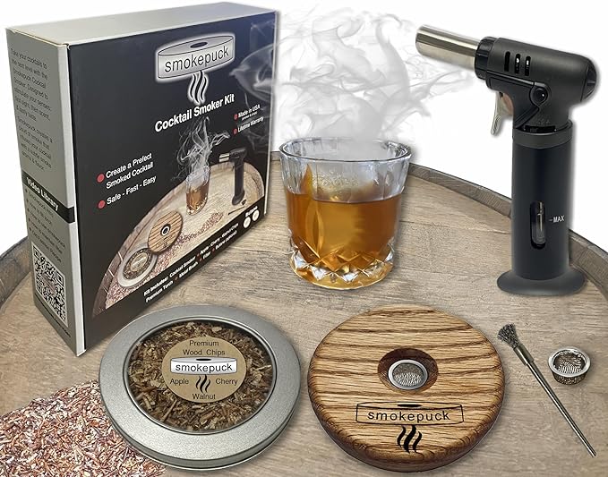 Cocktail Smoker Kit - Made in USA - Lifetime Warrenty - Apple+Cherry+Walnut Wood Chips - Create Smoked Old Fashioned - Great Bourbon Gift - Includes Premium Torch & NEW Gift Box. (No Butane)