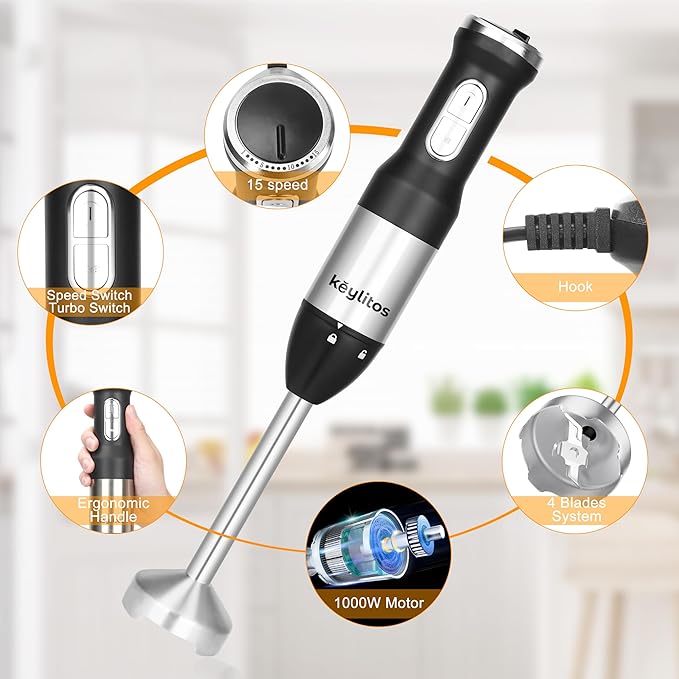 Keylitos 5 in 1 Immersion Hand Blender Mixer, [Upgraded] Handheld Stick Blender with 600ML Chopper, 800ML Beaker, Whisk and Milk Frother for Smoothie, Baby Food, Sauces Red,Puree, Soup (Black)