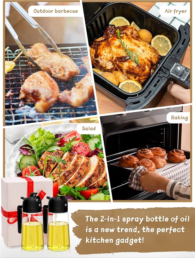 Kitchen Gadgets Oil Sprayer for Cooking 2pcs,Oil Dispenser for Kitchen,2 in 1 Oil Dispenser and Oil Sprayer,16oz Olive Oil Dispenser Bottle for Air Fryer,Salad, Grill (Black Kitchen Accessories)