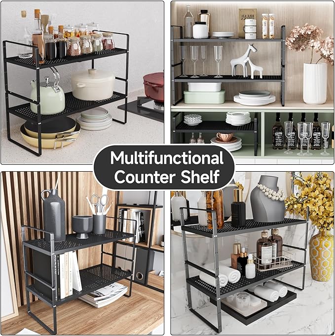 Expandable Cabinet Countertop Shelves 16.5-27’’L, Adjustable Metal Spice Rack Organizer, Stackable Kitchen Counter Storage Shelves Organizers for Cabinet Organization, Black
