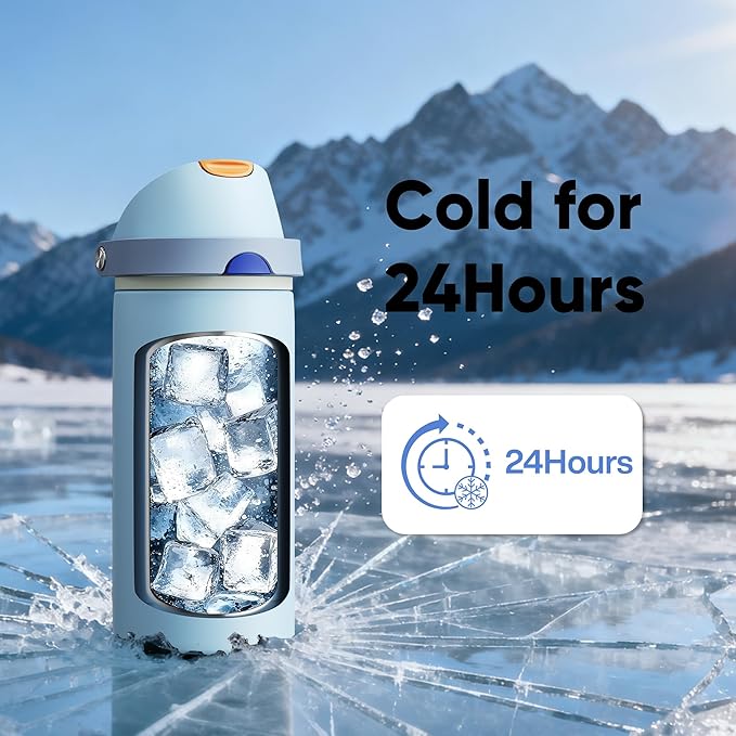 ENCOOL Insulated Water Bottle with Straw Stainless Steel Water Bottle with Push Button Lid, Leak-Proof & BPA-Free, Keeps Cold for 24 Hours for Sports, Travel, Gym (24 oz, Hazy Blue-Blue)