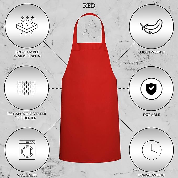 GREEN LIFESTYLE 12 Pack Bib Apron - Unisex Red Aprons, Machine Washable Aprons for Men and Women, Kitchen Cooking BBQ Aprons Bulk (Pack of 12, No Pockets, Red)