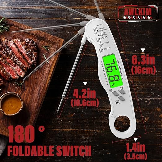 Meat Thermometer Digital - Fast Instant Read Food Thermometer for Cooking, Candy Making, Outside Grill, IP67 Waterproof Kitchen Thermometer with Backlight, Stocking Stuffers for Men - White