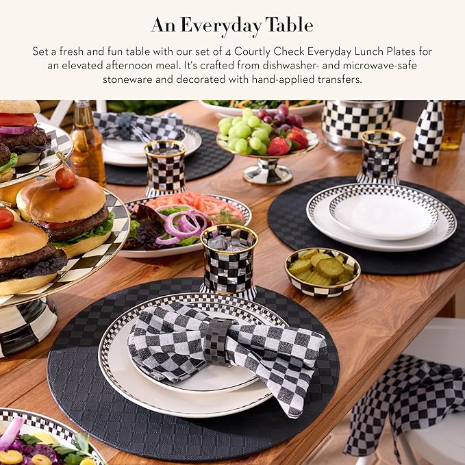 MACKENZIE-CHILDS Set of 4 Everyday Lunch Plates, Microwave-Safe and Dishwasher-Safe Stoneware Plates, Black-and-White Courtly Check
