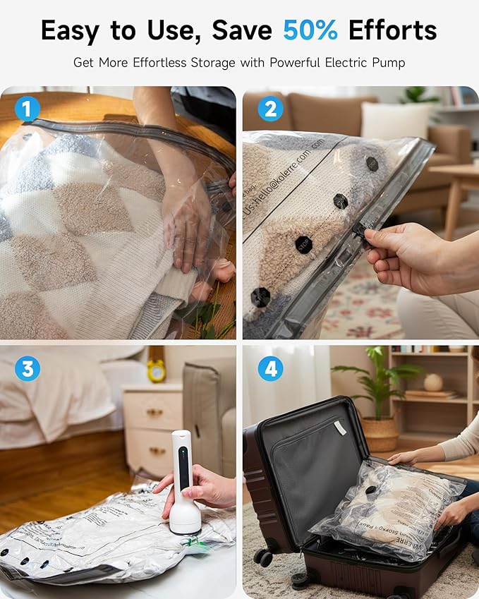 8 Pack Travel Vacuum Seal Bags with Rechargeable Electric Pump, 4 Sizes Space Saver Vacuum Storage Bags for Luggage, Suitcase & Home Organization, Reuseable Vacuum Seal Bags for Clothing