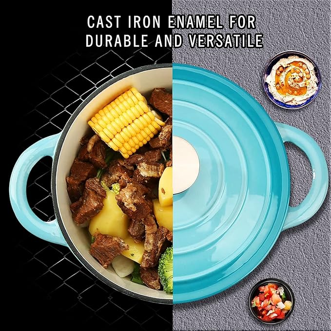 Cast Iron Dutch Oven, 3 QT Round Dutch Oven Pot with Self Basting Lid for Home Baking, Braiser, Cooking, Great Christmas Gifts for Family,Teal