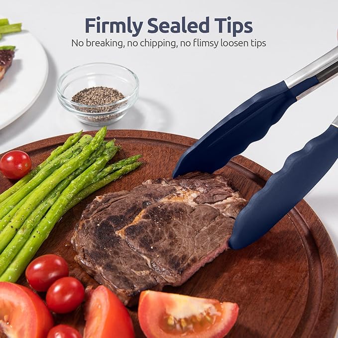 600ºF Heat Proof Kitchen Tong: U-Taste 7" Silicone Cooking Tong with Firm Sealed Non Stick Rubber Tips & Silicon Coated 18/8 Stainless Steel Handle & Smooth Locking for Serving Salad (Midnight Blue)