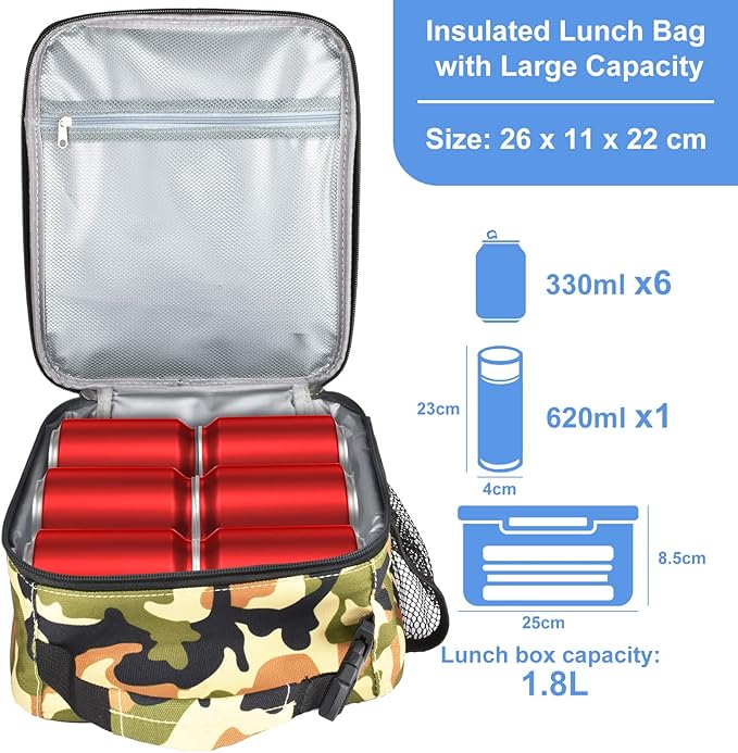 Insulated Lunch Bag, Leakproof Portable Lunch Box for Women Men Boys Girls, Large Capacity Cooler Bag for Office School Camping Hiking Outdoor Beach Picnic (Camo Brown)
