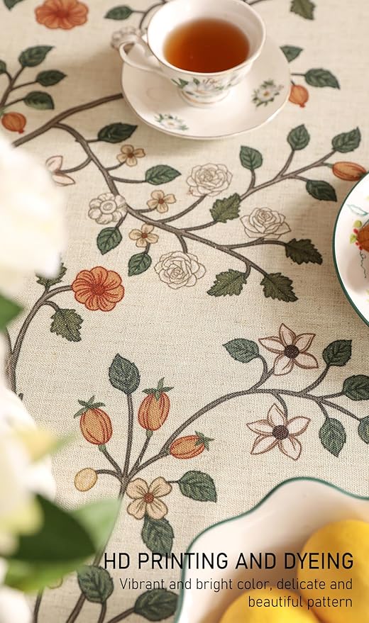 ISAENNE Designer Floral Long Rectangular Tablecloth,French Linen Light Beige Indoor Table Cloth,Fall Wrinkle Resistant Decor Tablecloths for Dining Thanksgiving Kitchen Party,63"*94"-Flora A