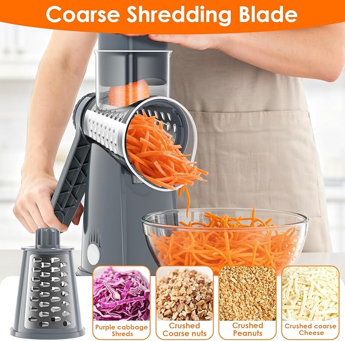 5 Blade Rotary Cheese Grater Hand Crank with Storage Box, Vegetable Chopper, Cheese Shredder for Cheeses, Veggies, Nuts - Easy to Use, Non-slip Suction Base, Gray