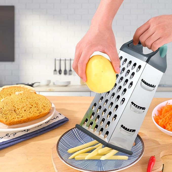 Box Grater, Stainless Steel Cheese Graters for Kitchen, 4 Sided Food Grater with Handle, Cheese Slicer for Food Vegetables Potatoes Carrot