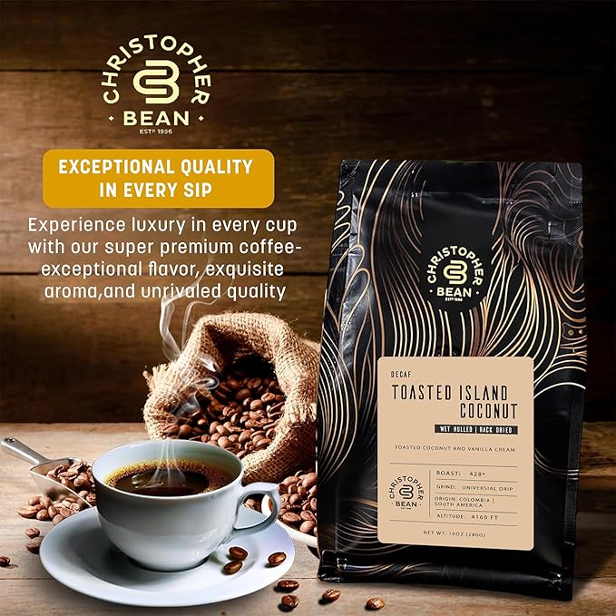 Christopher Bean Coffee - Certified Kosher - Decaf Ground Universal Drip Toasted Island Coconut Flavored Coffee| Flavored Coffee with Medium Roast 100% Arabica, No Sugar, No Fats, Non-GMO | 10-Ounce