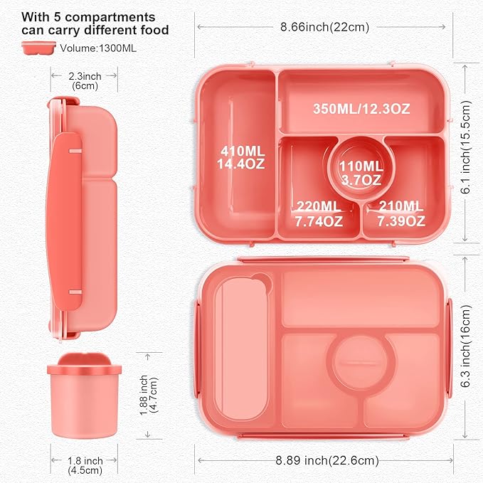 Bento Box Adult Lunch Box Kids,Lunch Containers for Adults/Kids/Toddler,5 Compartments Bento Lunch Box with Sauce Vontainers,Microwave & Dishwasher & Freezer Safe,BPA-Free(Pink)