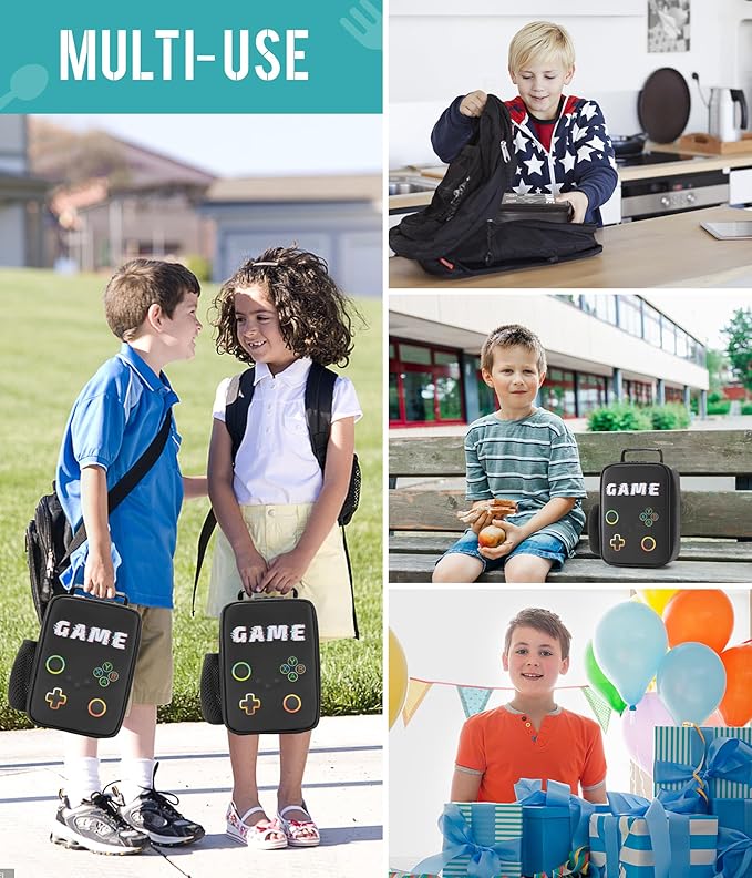 Boy Lunch Box,Kids Lunch Bag Insulated Leather Game Lunch Box for School Thermal Meal Cooler Lunch Boxes for Boy Girl Kid Toddler Teen