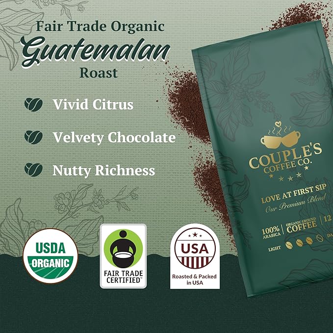 Couple’s Coffee Organic Ground Coffee | Fair Trade Organic Guatemalan Medium-Dark Roast | Gives Back to Military Families | Love at First Sip | Made with 100% Arabica Beans | 12oz
