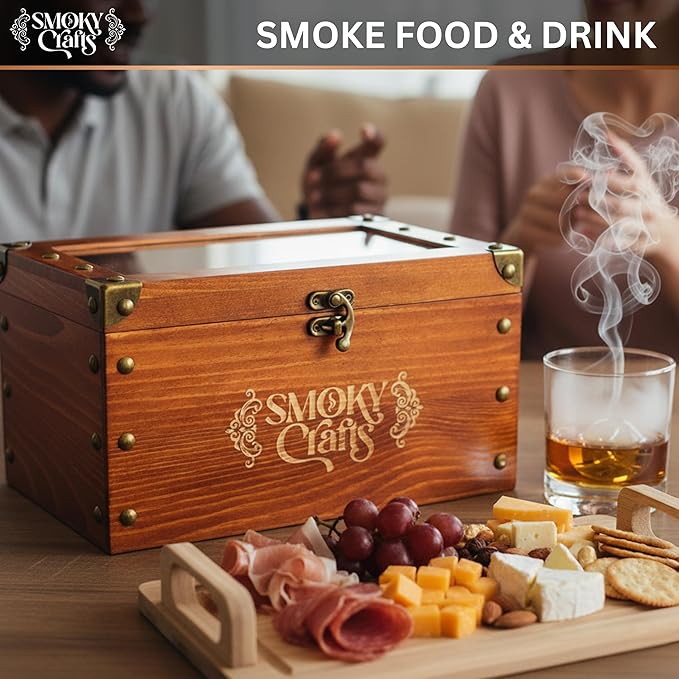 Old Fashioned Smoker Kit - Whiskey Smoker Kit with Smoking Gun, Cocktail Smoke Box, Food Tray and Wood Chips (Apple & Cherry) - Bourbon Gifts for Men