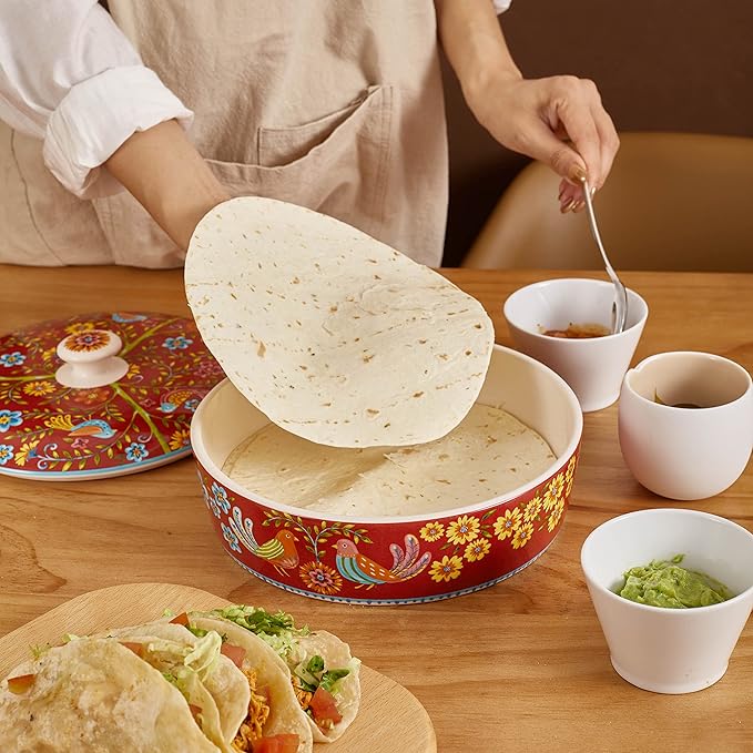 Bico Red Spring Bird Ceramic Tortilla Warmer, 8.9 Inch Tortilla Holder with Lid for Taco Bread Pancake for Mexican Night and Party, Microwave and Dishwasher Safe