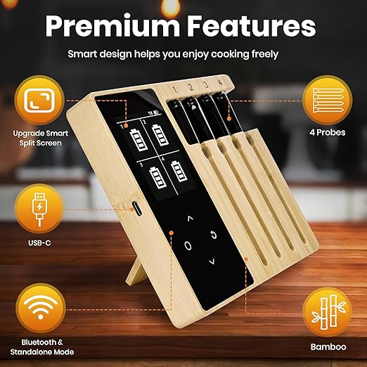 Smart Wireless Meat Thermometer | 4 Probes | Upgraded large LCD Display | Accurate & Stable | long-range Bluetooth App or Host Control for iOS & Android |BBQ,Oven,Grill,Smoker,Air Fryer,Sous Vide