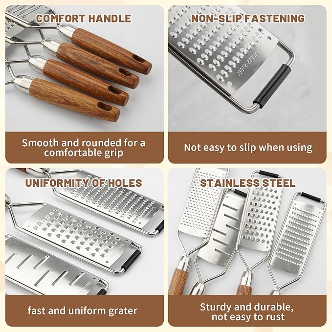 SHIKORI Stainless Steel & Wood Cheese Grater with Protective Cover - Modern, Brown