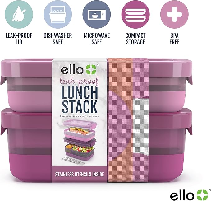Ello 2-Pack Lunch Stack Plastic Food Storage Container Bento Box with Airtight, Leak-Proof Locking Plastic Lids and Silicone Base, BPA-Free, Freezer, Microwave, and Dishwasher Safe