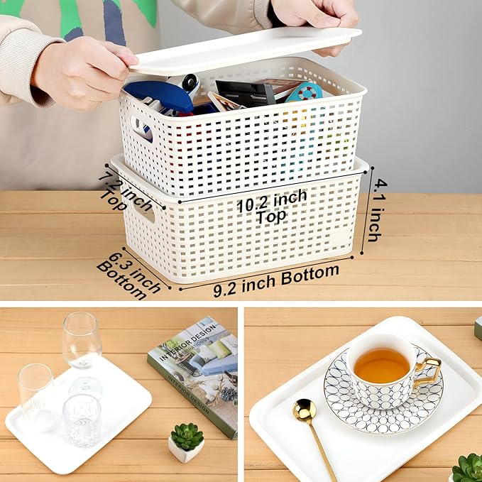 AREYZIN Plastic Storage Baskets With Lid Organizing Container Lidded Knit Storage Organizer Bins for Shelves Drawers Desktop Closet Playroom Classroom Office, White, 6 Pack