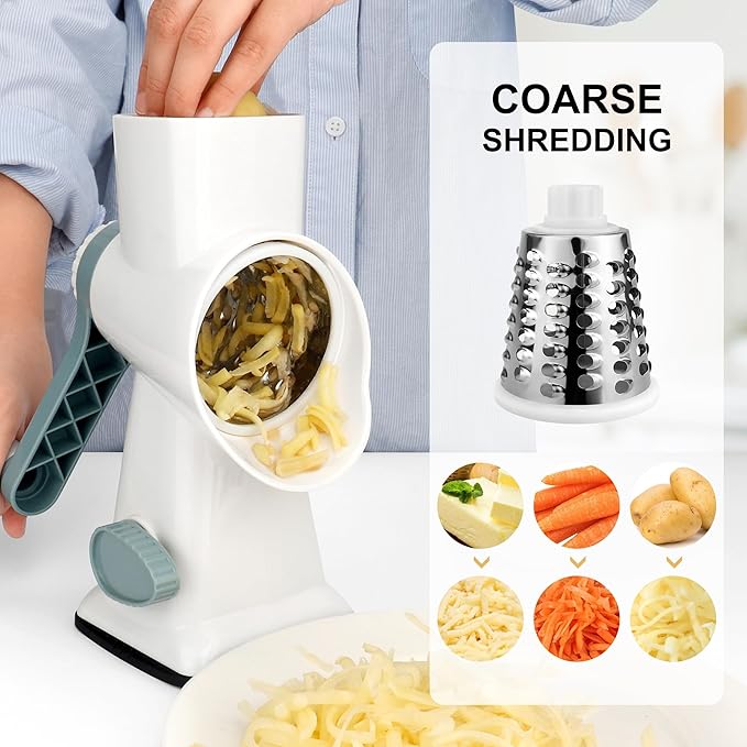 Kaishun Cheese Grater Rotary Cheese Grater Vegetable Chopper Sredder Madonline Stainless Steel with Vacuum Suction Base Multi Functional Kitchen Tool Perfect for Easy Shredding (WhiteCyan)