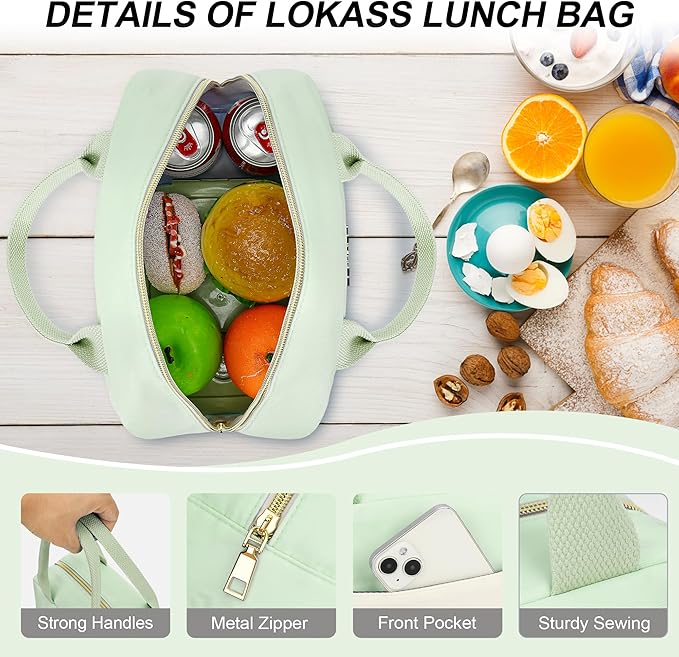 LOKASS Lunch Bag for Women-Insulated Adults Lunch Box with Front Pocket- Small Cute Lunch Tote for Work-Reusable Cooler Bag for Office Picnic Beach or Travel (Light Green)