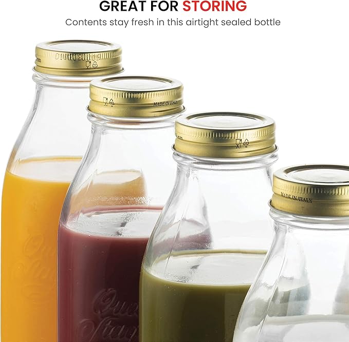 Bormioli Rocco Quattro Stagioni 33.75 Oz. Glass Milk Bottle with Lid, Air-Tight, Glass Jug Mason Jar, Dishwasher Safe, Made in Italy
