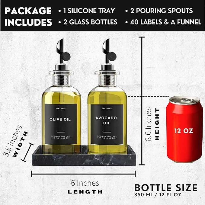 Clear Glass Olive Oil Dispenser Bottles For Kitchen With Silicone Tray & 40 Labels, Soy Sauce Dispenser, Coffee Syrup Dispenser, Olive Oil Bottles Set Of 2, Black