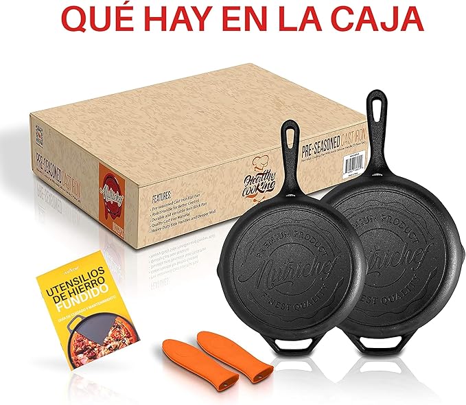 NutriChef 10" & 12" Pre-Seasoned Cast Iron Pans - Durable Nonstick Skillets, Cool-Touch Silicone Handle, For Oven, Grill & All Stovetops