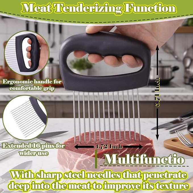 FANTEXY Onion Holder for Slicing - Onion Slicer and Meat Tenderizer Extra Large 16-Prong Stainless Steel, Vegetable Chopper for Potatoes, Tomatoes Slicer Assistant Tool for Lemons,Avocados,Carrot