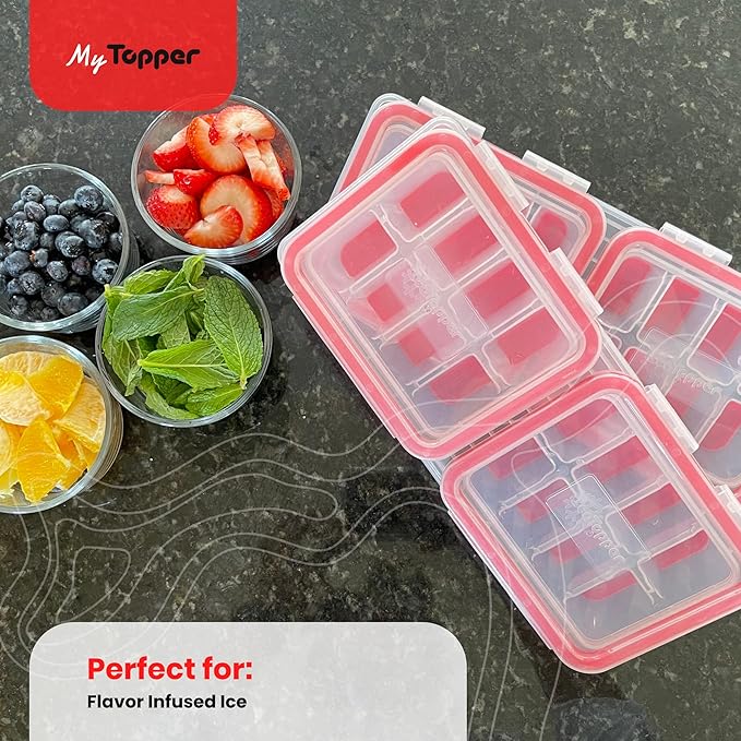 IceTopper Plus Ice Cube Tray with 2 Attached Lids - Easy Release Ice Cube Molds, 16 Cubes per Tray, Stackable & Dishwasher Safe, 100% Food Grade Silicone, BPA Free & Recyclable (4 Pack)