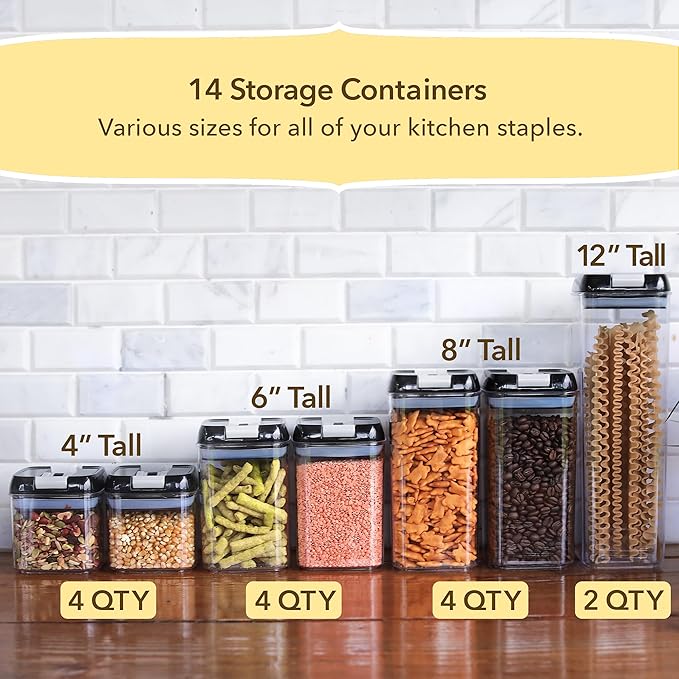 Simply Gourmet Airtight Food Storage Containers with Lids – 14 Piece Assorted Size Kitchen Pantry Organization Set, BPA-Free Clear Plastic, Stackable Containers for Cereal, Flour, Sugar, Rice, Snacks