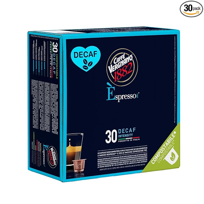 Caffe' Vergnano 1882 Decaf Medium Roast Espresso Original Line Machine Compatible Capsules, Arabica Robusta Espresso Coffee, Italian Coffee for Nespresso Machines, Intensity 5/10, Decaffeinato, 30 Ct